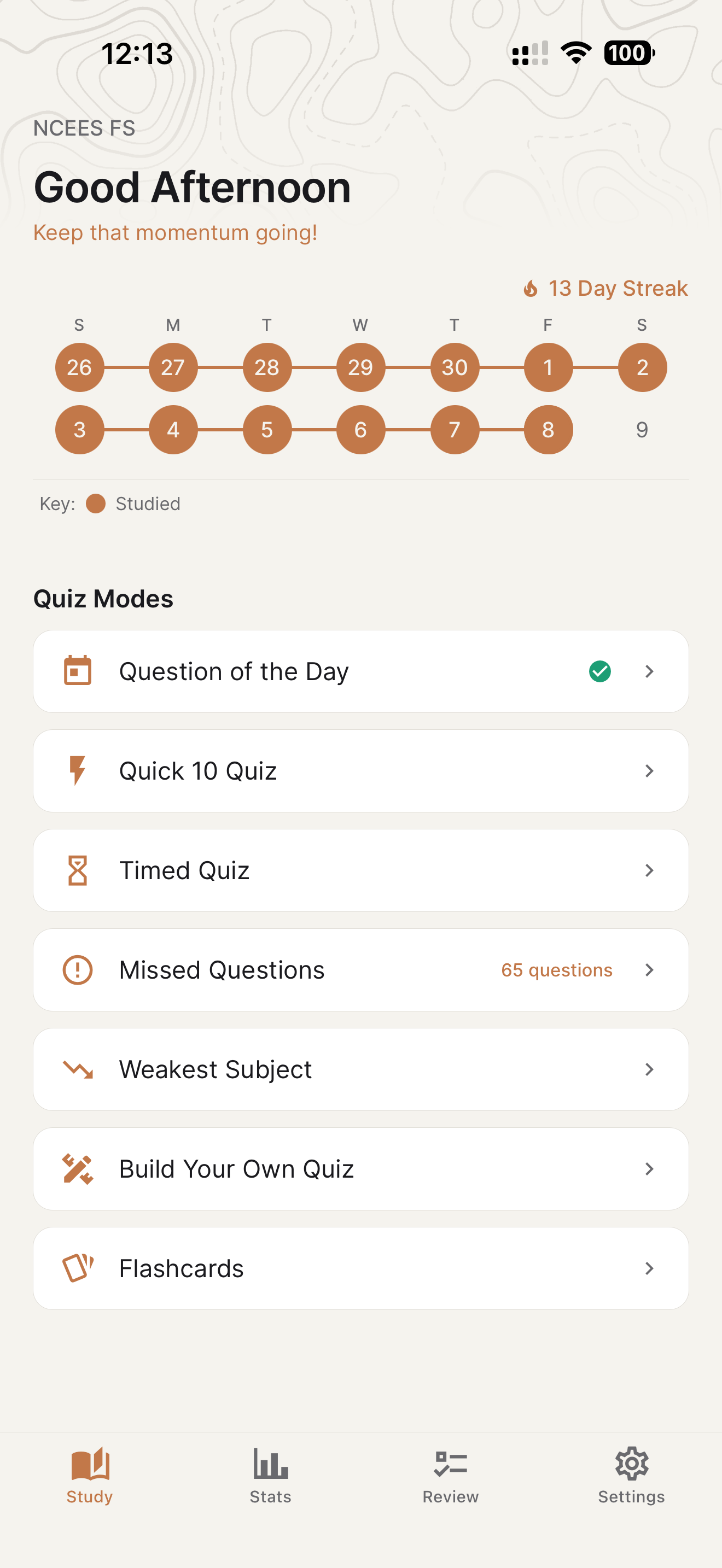 Azimuth Prep — study screen with NCEES FS exam, streak calendar, and quiz modes (light theme)