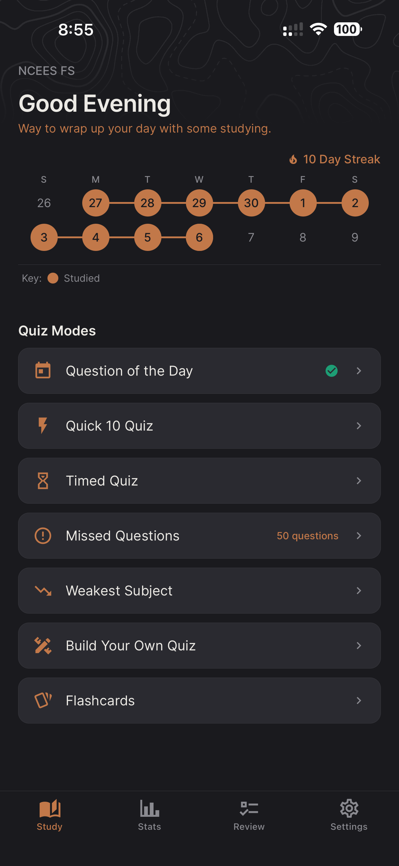 Azimuth Prep — study screen with NCEES FS exam, streak calendar, and quiz modes